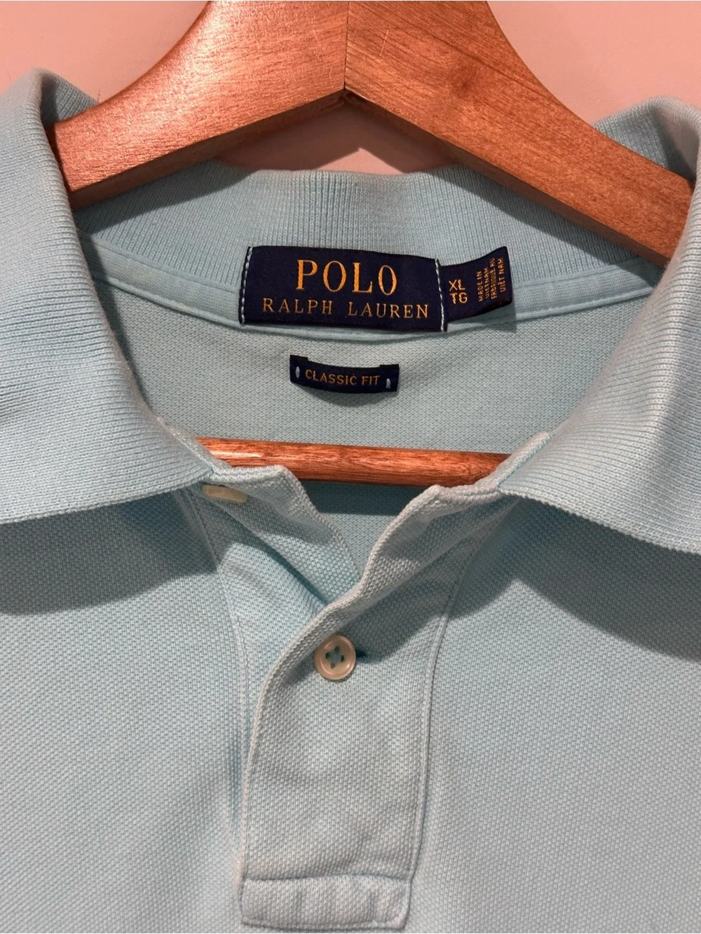 Polo by Ralph Lauren Men’s Light Blue Polo with Pink Logo